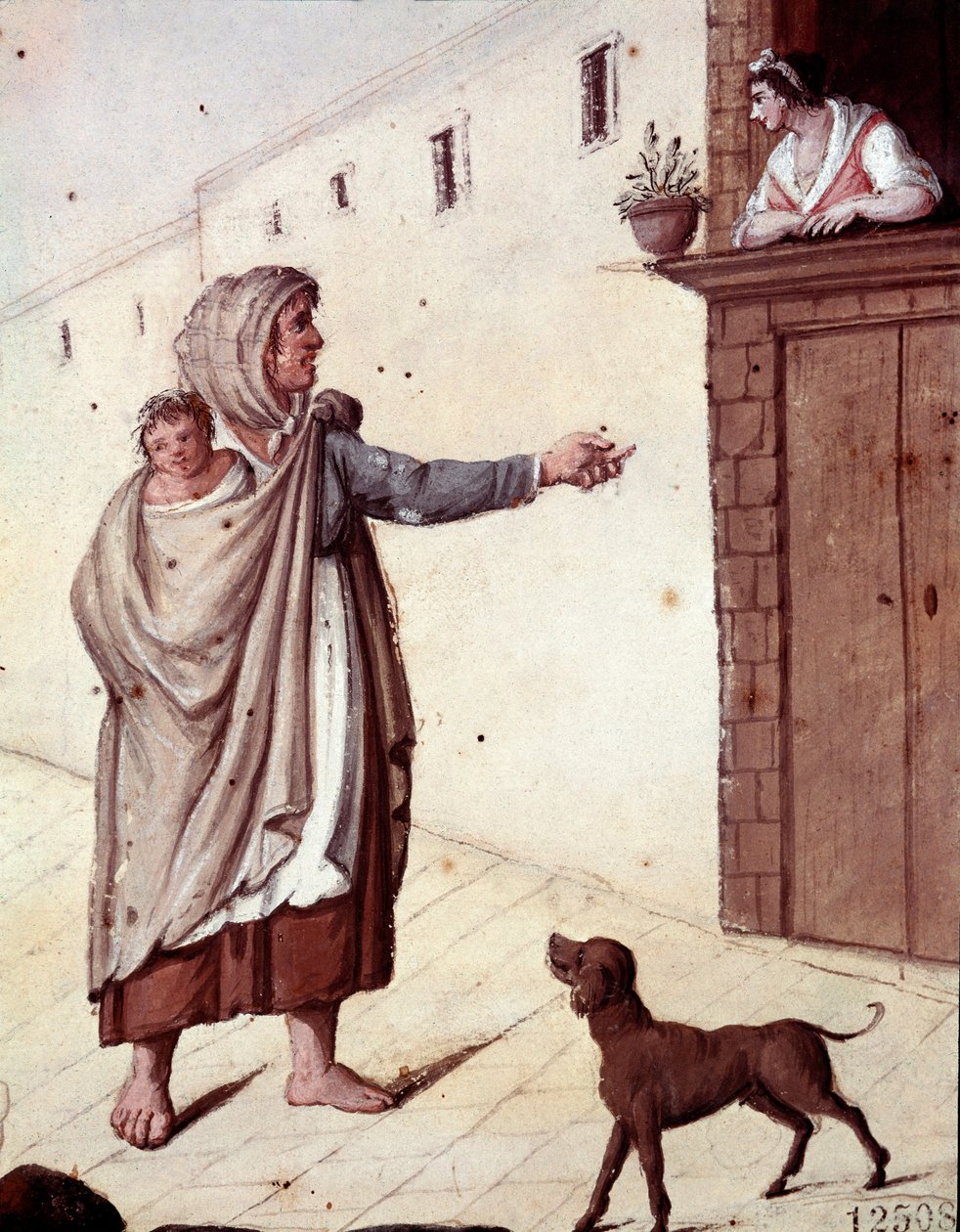 Gamle napolitanske metiers: en tigger og hennes barn i gatene i Napoli - (Gamle napolitanske handel: en tigger) Akvarell fra 1800-tallet - Napoli Museo Nazionale di San Martino av Italian School