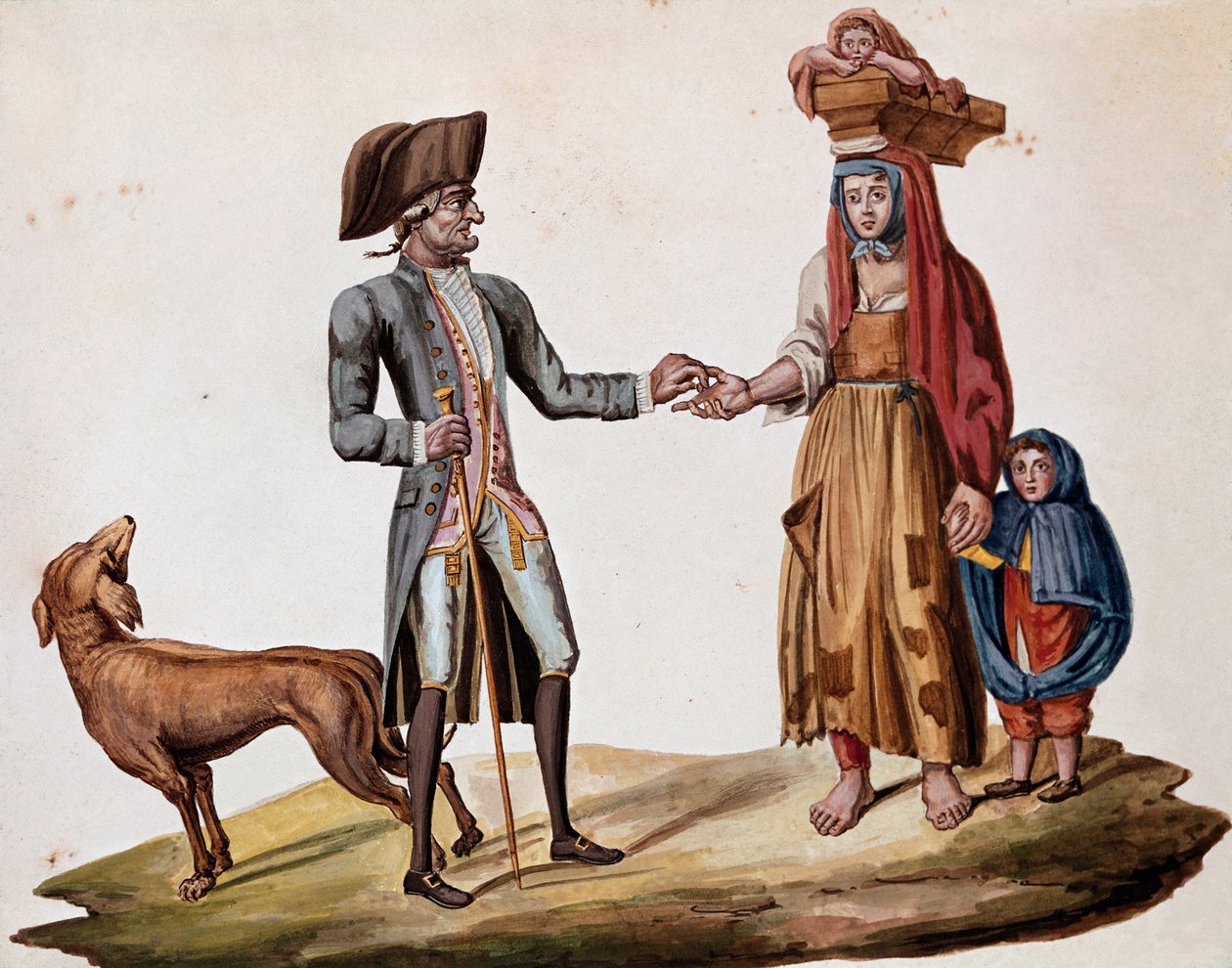 Gamle napolitanske metiers: en adel gir en mynt til en palmiscian - (gammel napolitansk handel: en rik mann gir penger til en fattig historieforteller) Akvarell fra 1800-tallet - Napoli Museo Nazionale di San Martino av Italian School
