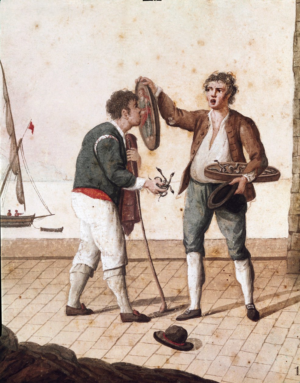 Gamle napolitanske metiers: selgere av små slanger - (gamle napolitanske handler: selger av gressslanger) Akvarell fra 1800-tallet - Napoli Museo Nazionale di San Martino av Italian School