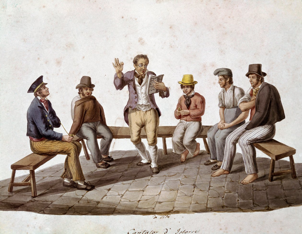 Gamle napolitanske metiers: den reisende leseren eller balladesangeren - (Gamle napolitanske fag: en historieforteller) Akvarell fra 1800-tallet - Napoli Museo Nazionale di San Martino av Italian School