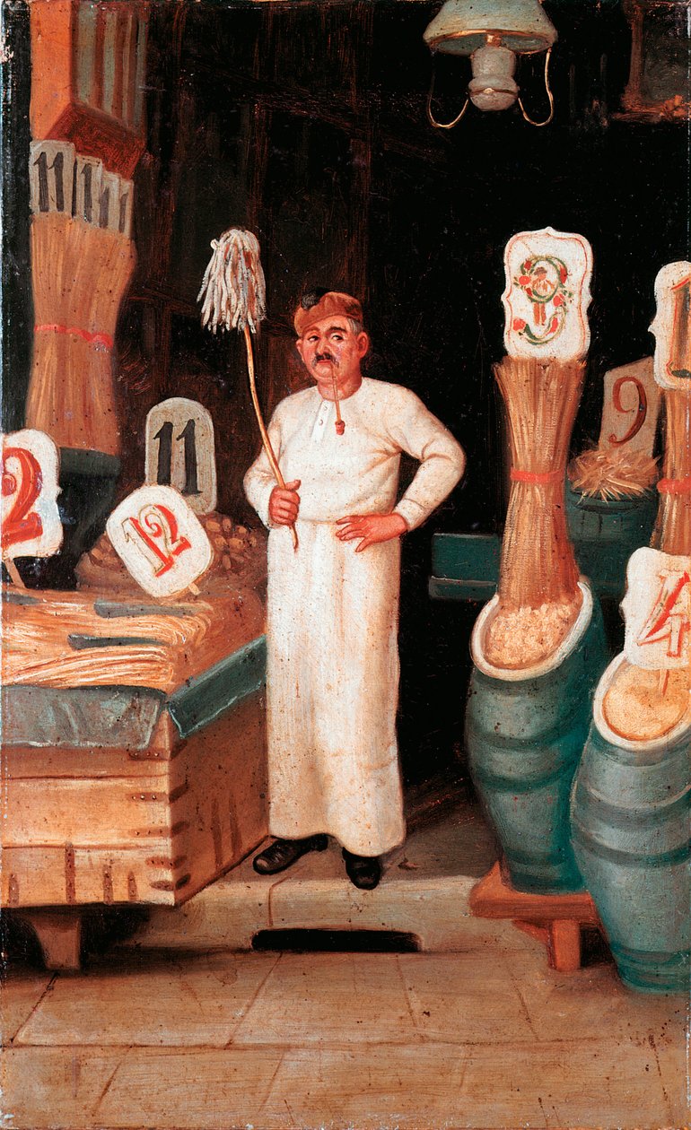 Gammel metier: butikken til pastaselgeren. Anonym detrempe. 1800-tallet 1800-tallets nasjonalmuseum for pasta, Agnesi-stiftelsen, Roma av Italian School