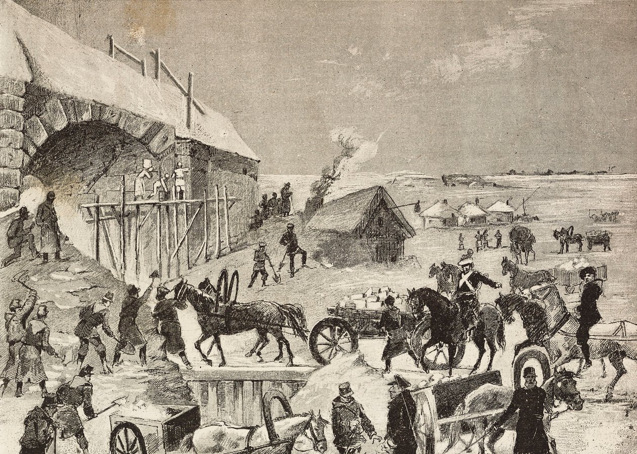 En av festningene under bygging på grensen til Russland, gravering fra skisse av Fritzmann, fra L'Illustration Italiana, nr. 5, 3. februar av Italian School