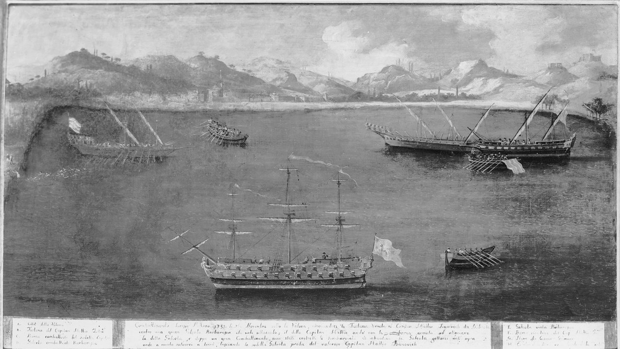 En av marineutnyttelsene til den berømte sjømannen, Mattio Ivanovich da Dobrota, ca. 1730 av Italian School