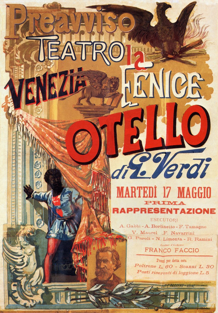 Otello: Plakat for første forestilling av Verdis opera Otello på Teatro Fenice i Venezia av Italian School