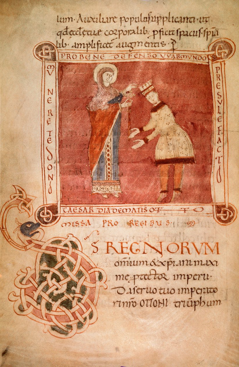 Otto I kronet av Jomfru Maria, fra sakramentariet til biskop Warmondo (vellum) av Italian School