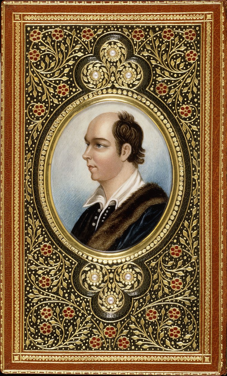 Ovalt miniatyrportrett av Oliver Goldsmith, innrammet med forgylte treblader satt med tre perler, 1831 av Italian School