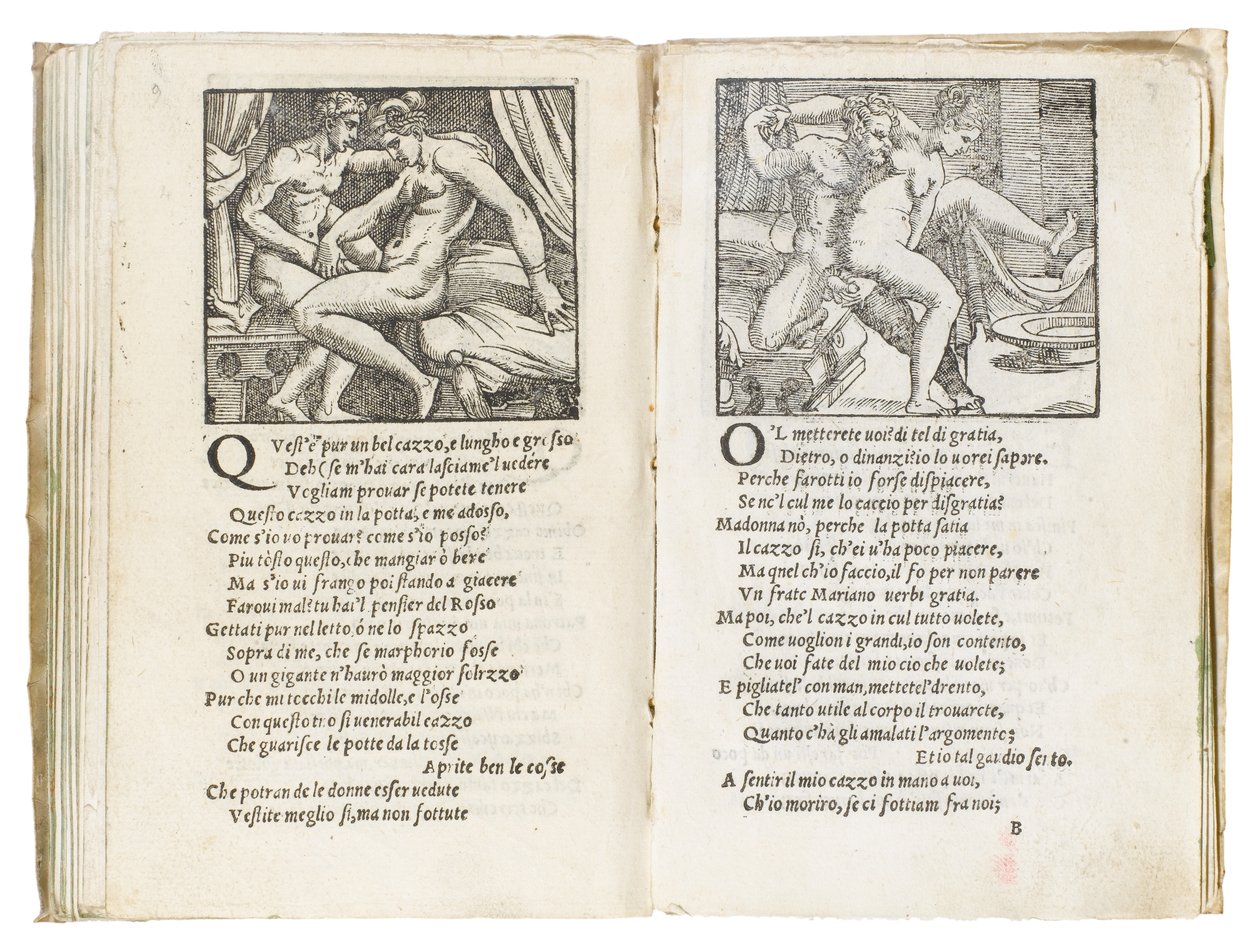 Side fra "Sonetti Lussuriosi" av Pietro Aretino, illustrert av Giulio Romano og gravert av Marcantonio Raimondi, utgitt Venezia, ca. 1527 av Italian School
