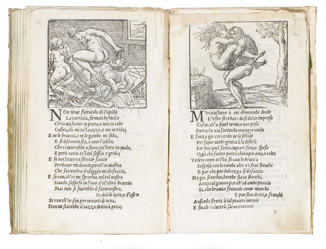 Side fra "Sonetti Lussuriosi" av Pietro Aretino, illustrert av Giulio Romano og gravert av Marcantonio Raimondi, utgitt Venezia, ca. 1527 av Italian School