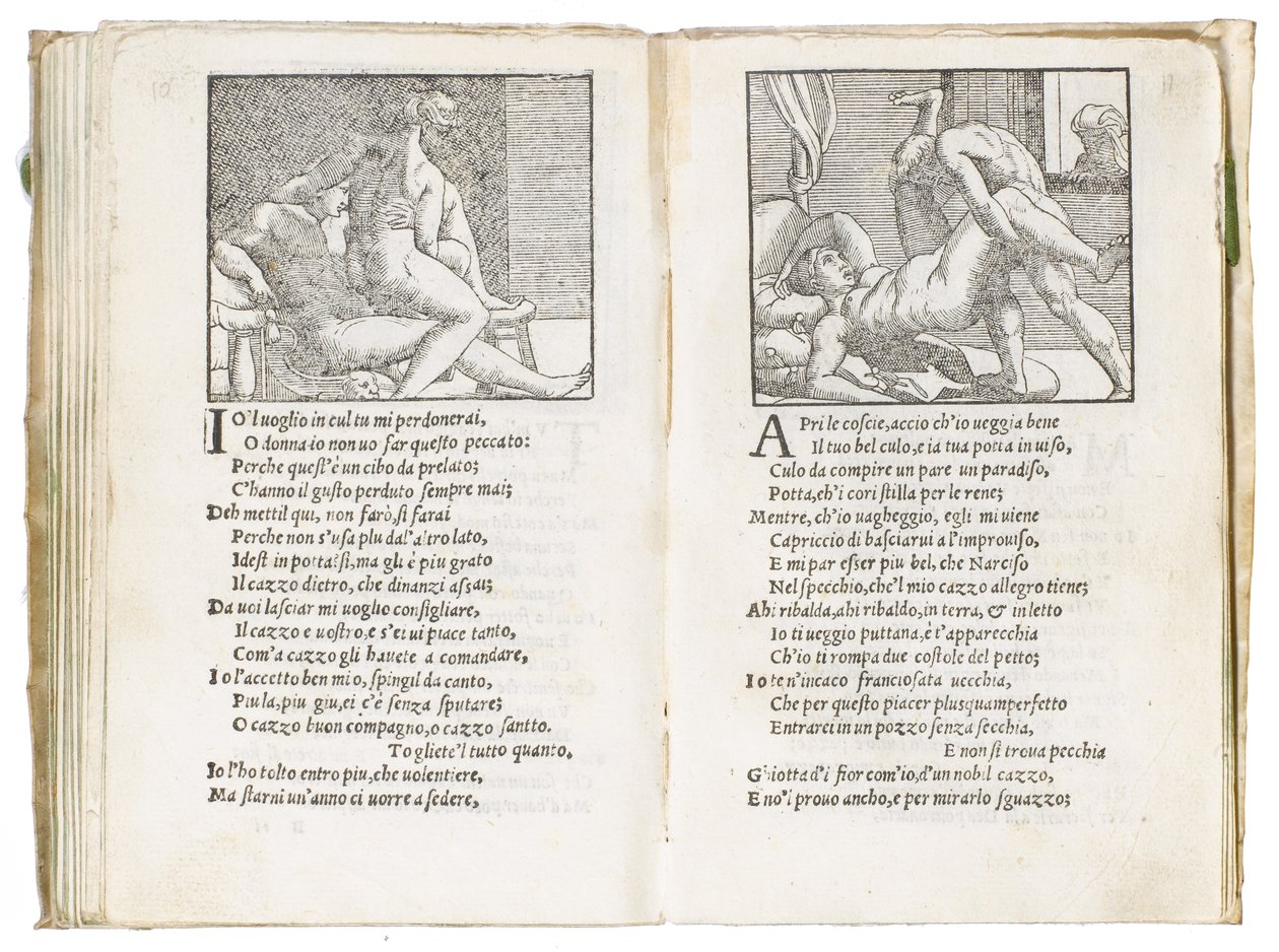 Side fra "Sonetti Lussuriosi" av Pietro Aretino, illustrert av Giulio Romano og gravert av Marcantonio Raimondi, utgitt Venezia, ca. 1527 av Italian School