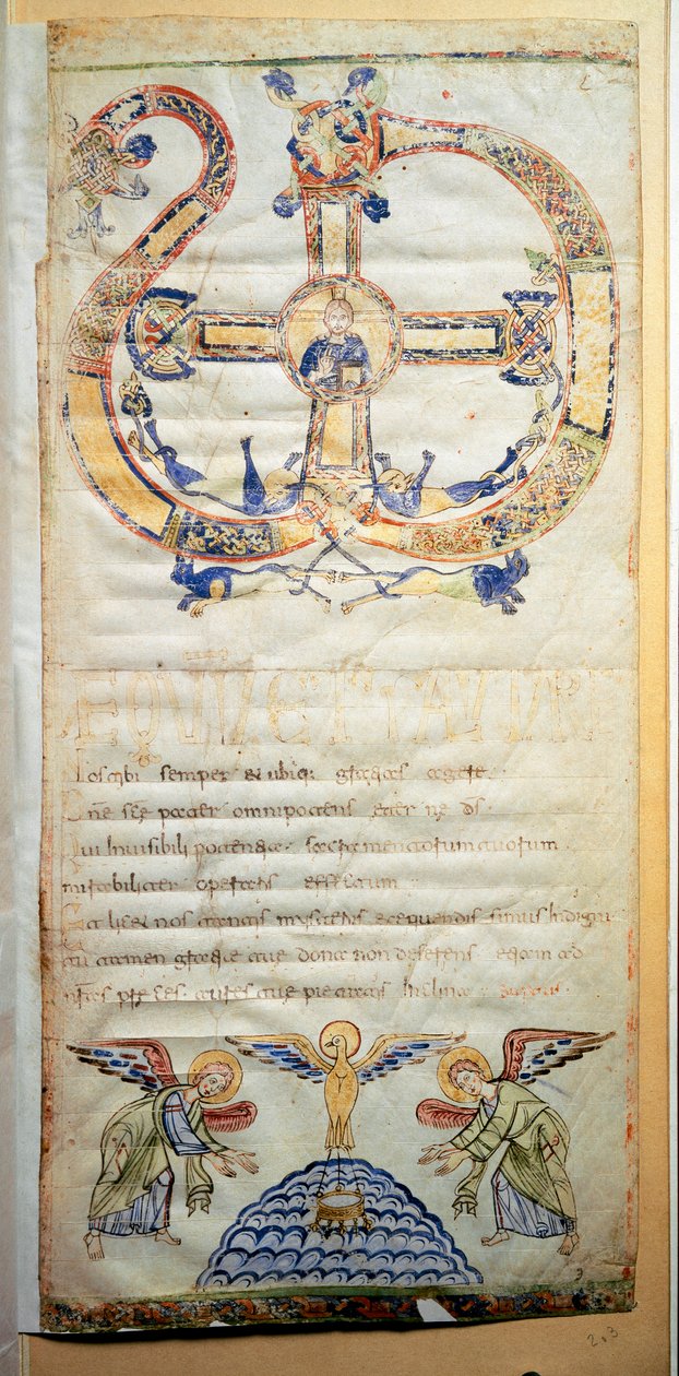Side av en pontifical som inneholder bønnene og seremoniene som skal utføres av Eveque (Ms.724/1-Carta3) Et manuskript fra det 10. århundre. Roma, Biblioteca Casanatense av Italian School