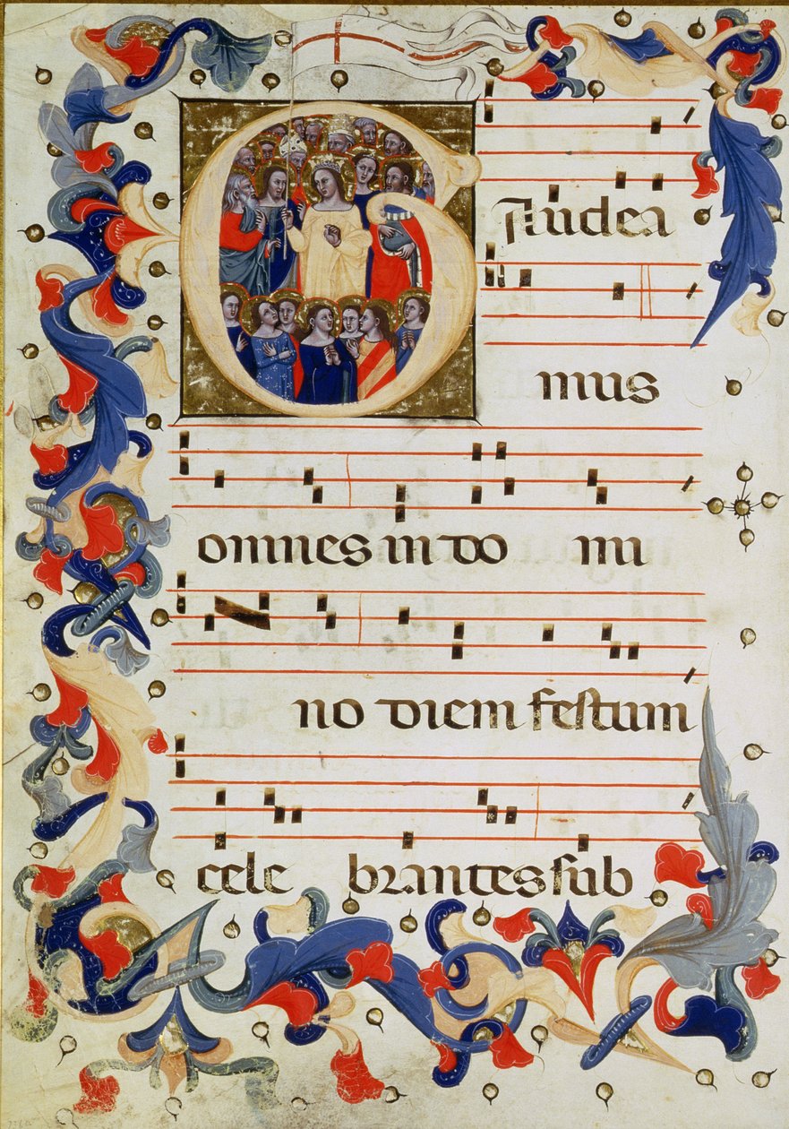 Side med musikalsk notasjon med en historisk initial G som viser en gruppe helgener med St. Ursula i midten, Bolognese School av Italian School