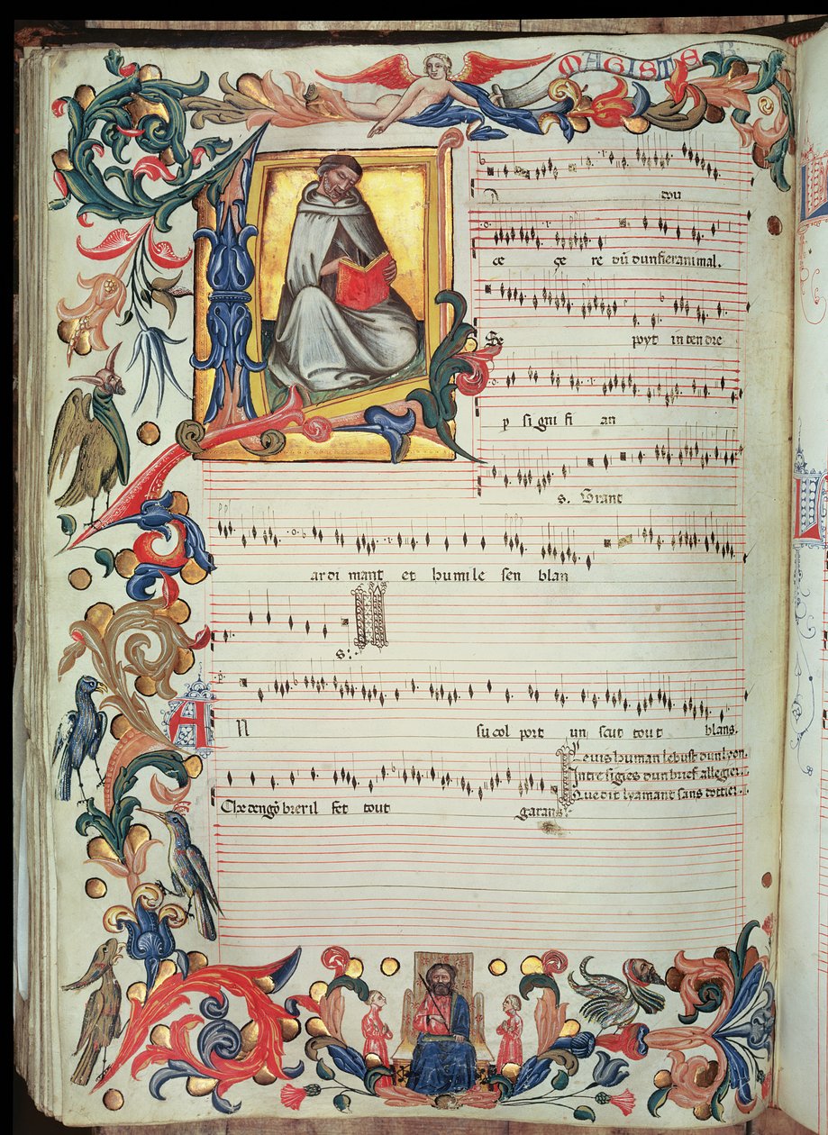 Side med musikalsk notasjon med en historisk initial, fra Squarcialupi Codex, produsert ved det florentinske klosteret S. Maria degli Angeli (vellum) av Italian School