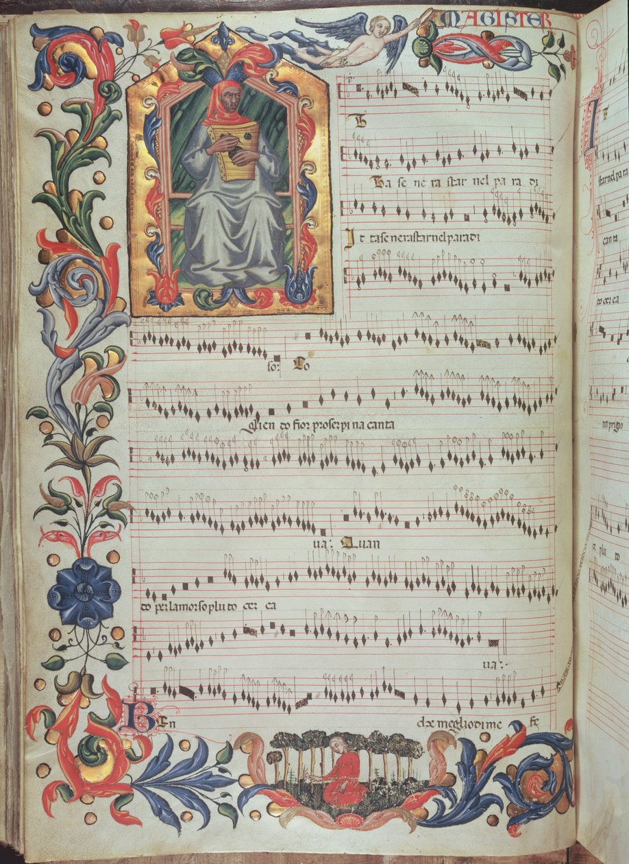 Side med musikalsk notasjon med historisk initial, fra Squarcialupi Codex, produsert ved det florentinske klosteret S. Maria degli Angeli (vellum) av Italian School
