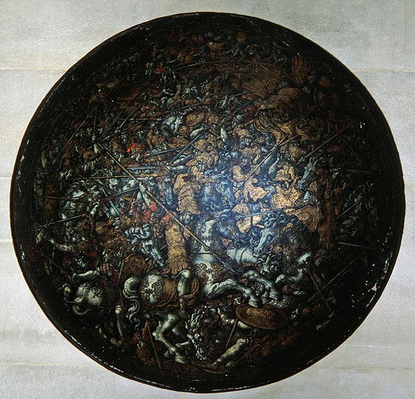 Pageant Shield med scener fra romersk historie (malt tre) av Italian School