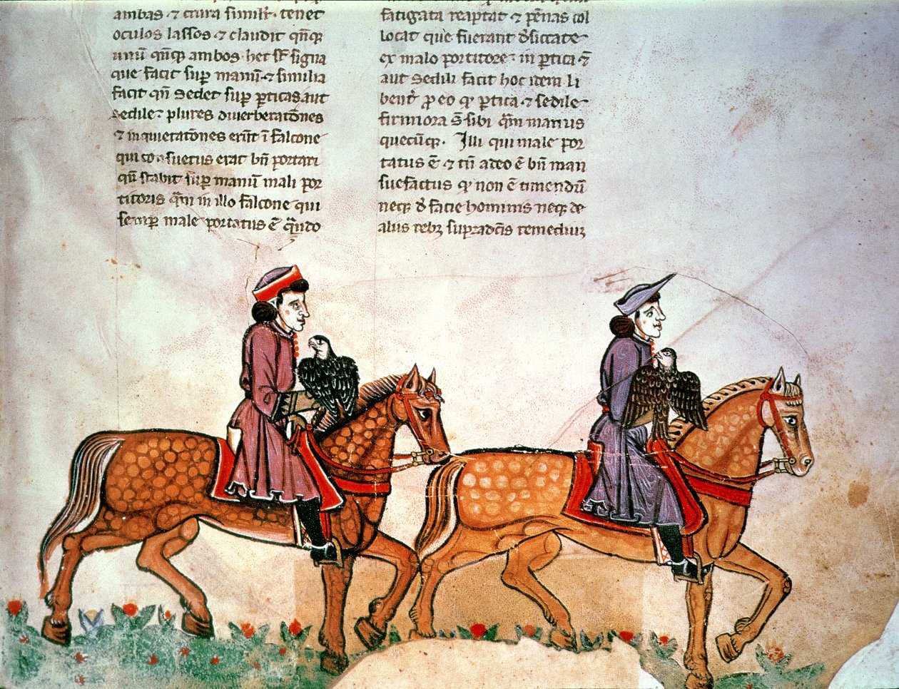 Pal Lat 1071 Frederick II: To ryttere med falker, fra De Arte Hunting with the Birds av Italian School