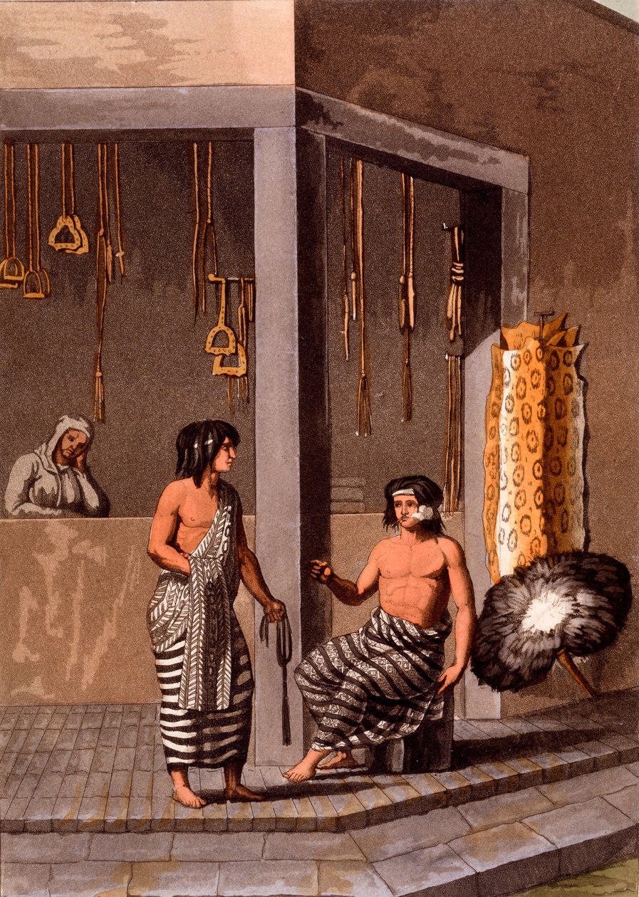 Pampas-indianere i en butikk som heter Indiano, Calle de-los-Torres, Buenos Aires, ca. 1820-30-tallet av Italian School