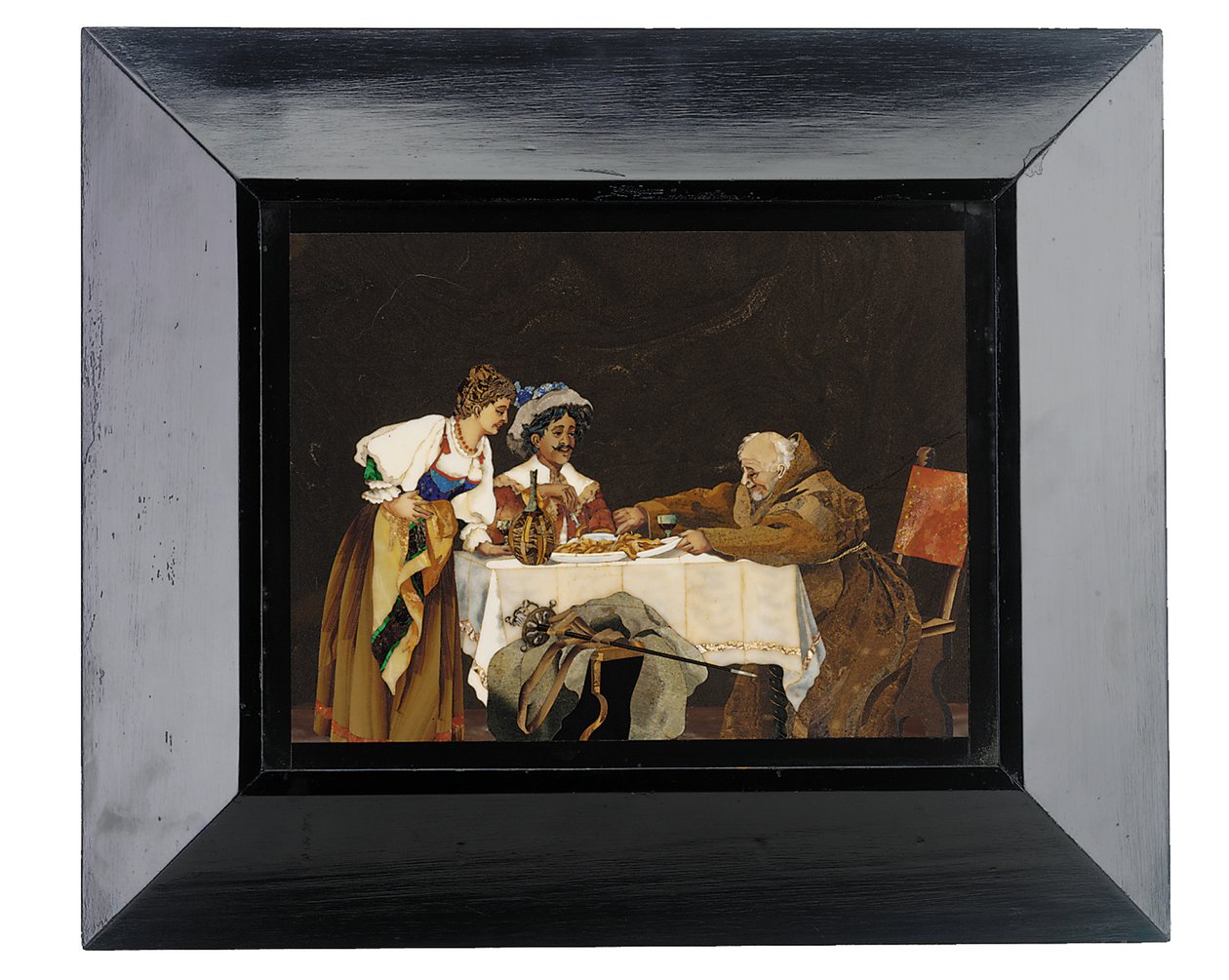 Panel som viser en kavaler og en munk ved et middagsbord med en dame til stede, Menegatti, Firenze, sent på 1800-tallet (pietra dura) av Italian School