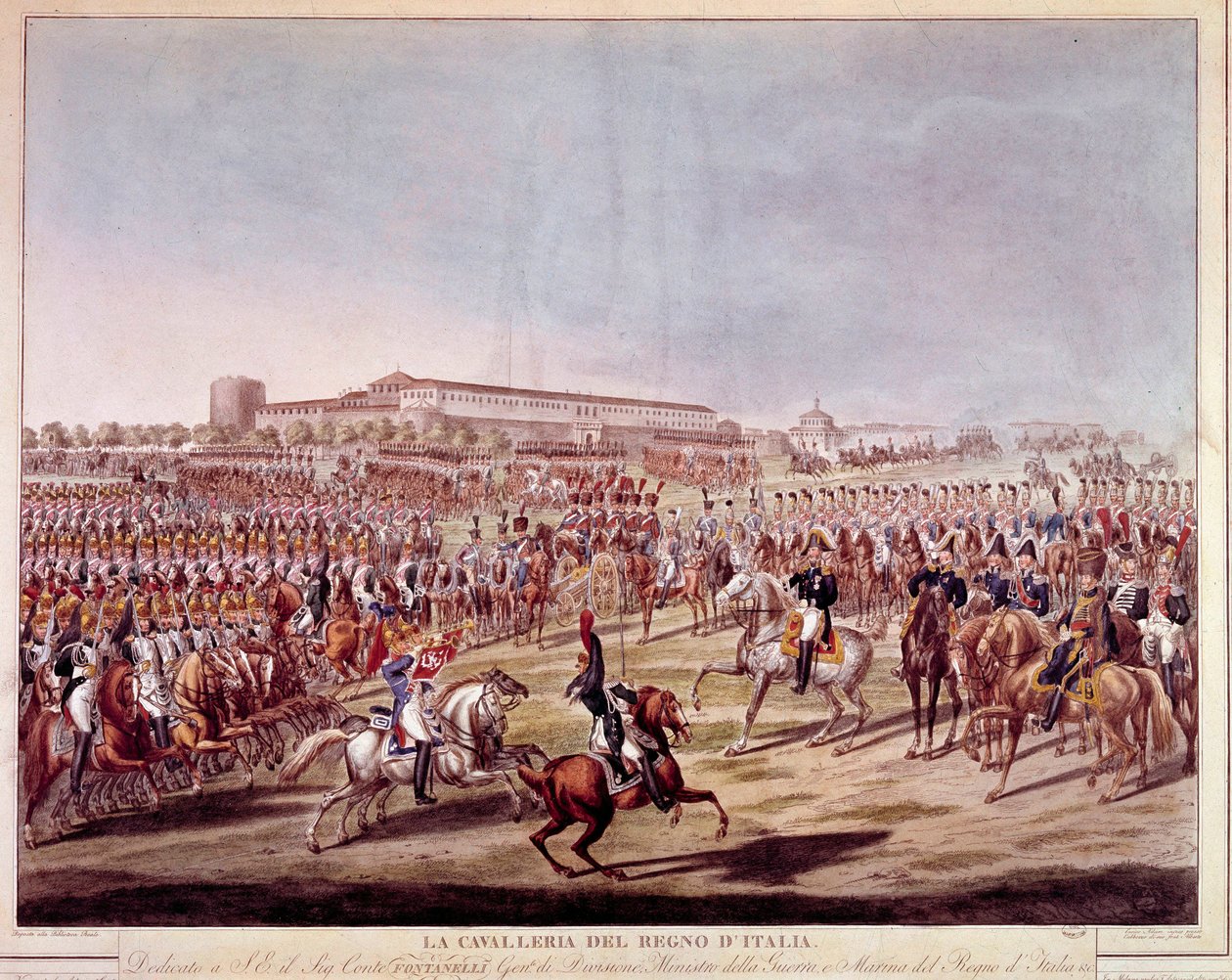 Parade av det italienske kavaleriet i kongeriket Italia. Trykk fra begynnelsen av 1800-tallet av Italian School