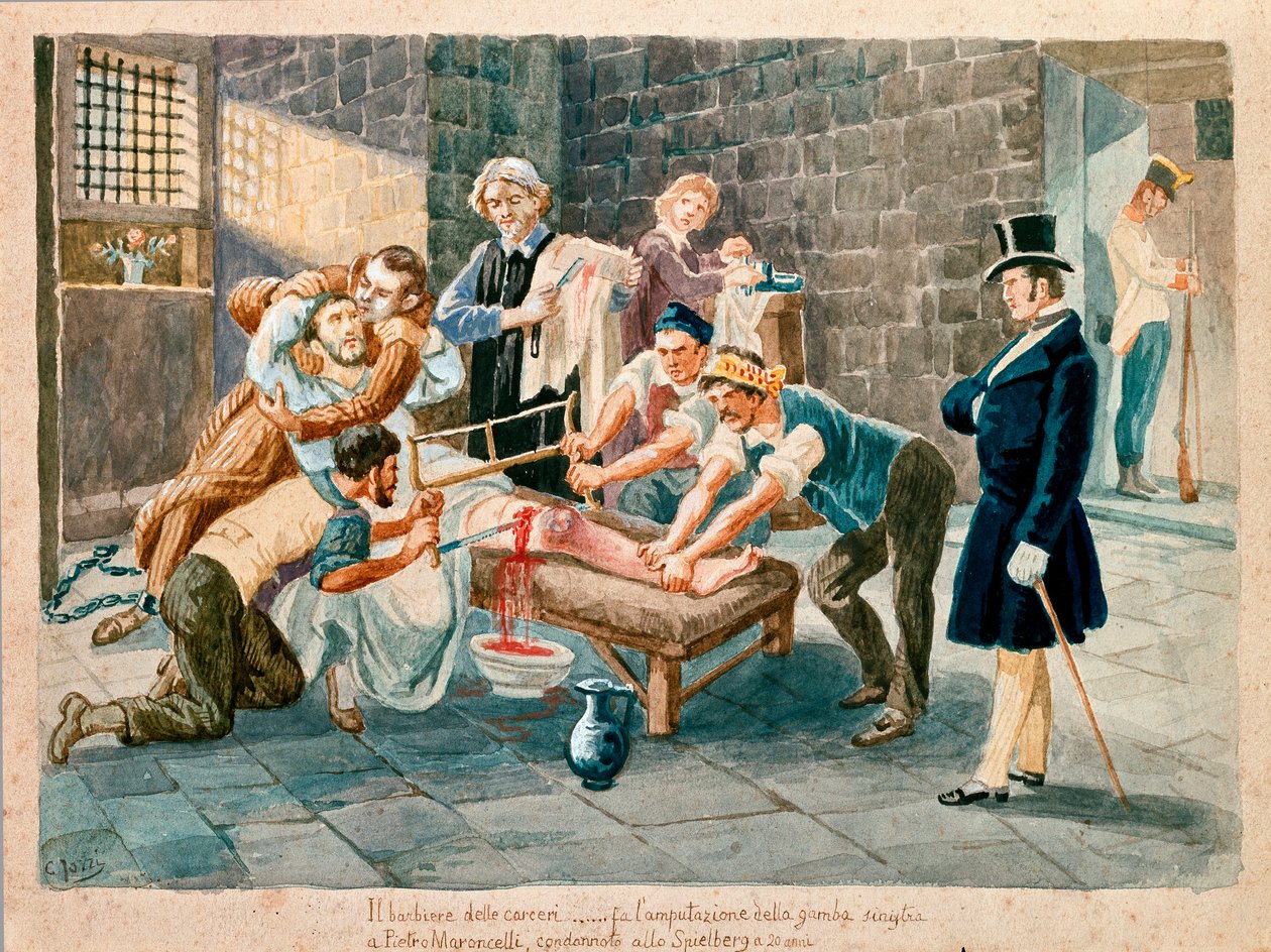 Patriot og medlem av Carboneria (Carbonarism) Pietro Maroncelli (1795-1846) ble amputert av beinet under fengslingen i botsmannen til festningen Spielberg i Moravia. Trykk fra 1800-tallets Museo del Risorgimento, Milano av Italian School