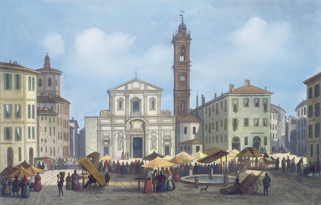 Piazza Santo Stefano fra utsikt over Milano og omegn av Italian School