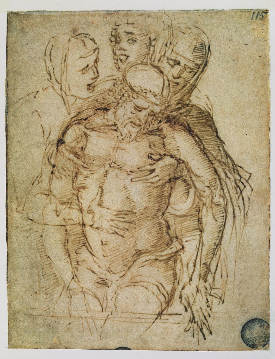 Pieta, tilskrevet enten Giovanni Bellini (ca. 1430-1516) eller Andrea Mantegna (1430-1516) (penn og blekk på papir) av Italian School