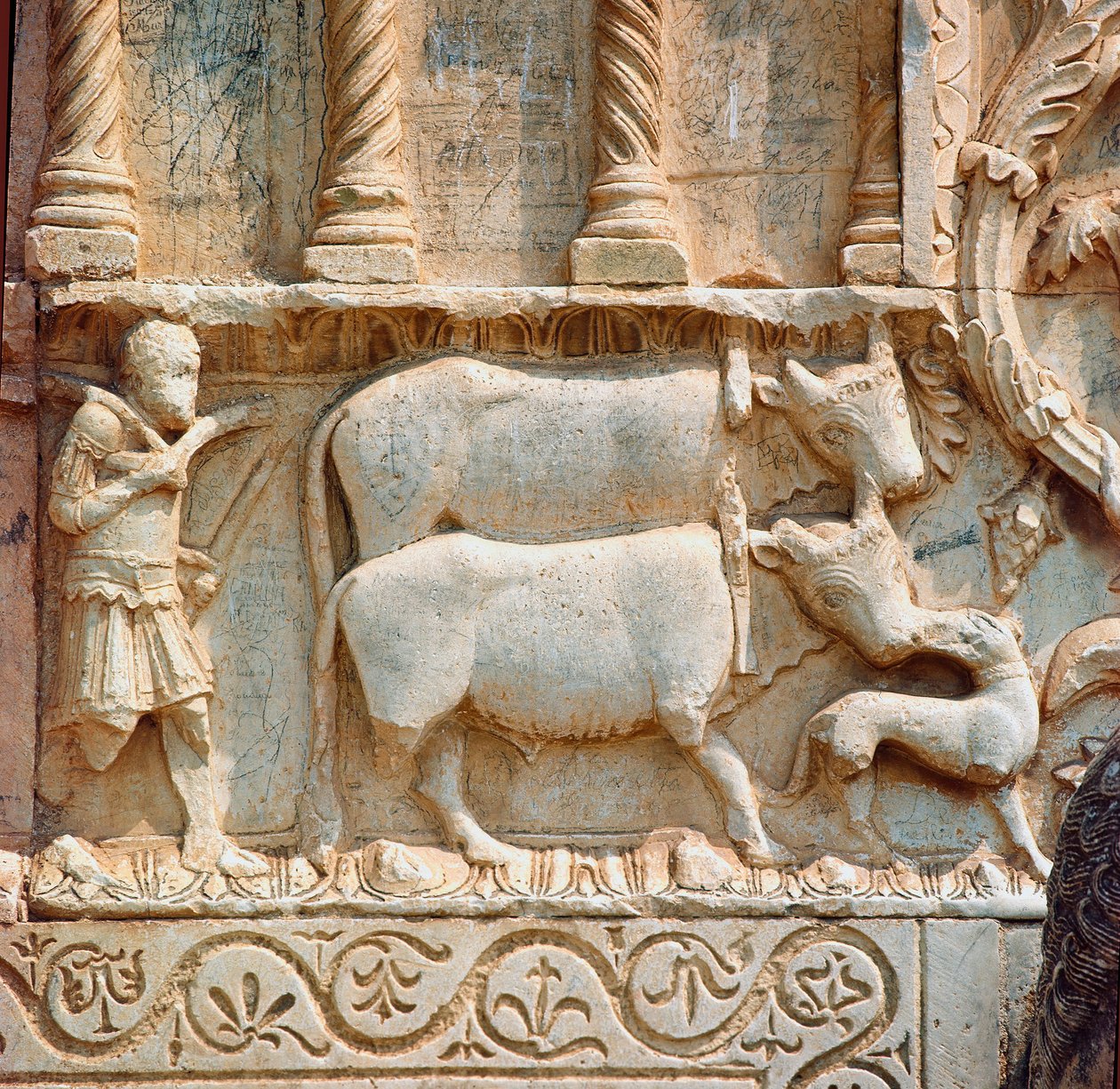 Pilling scene. Detalj. Lavrelieff fra 1100-tallet. San Pietro de Spoleto kirke av Italian School