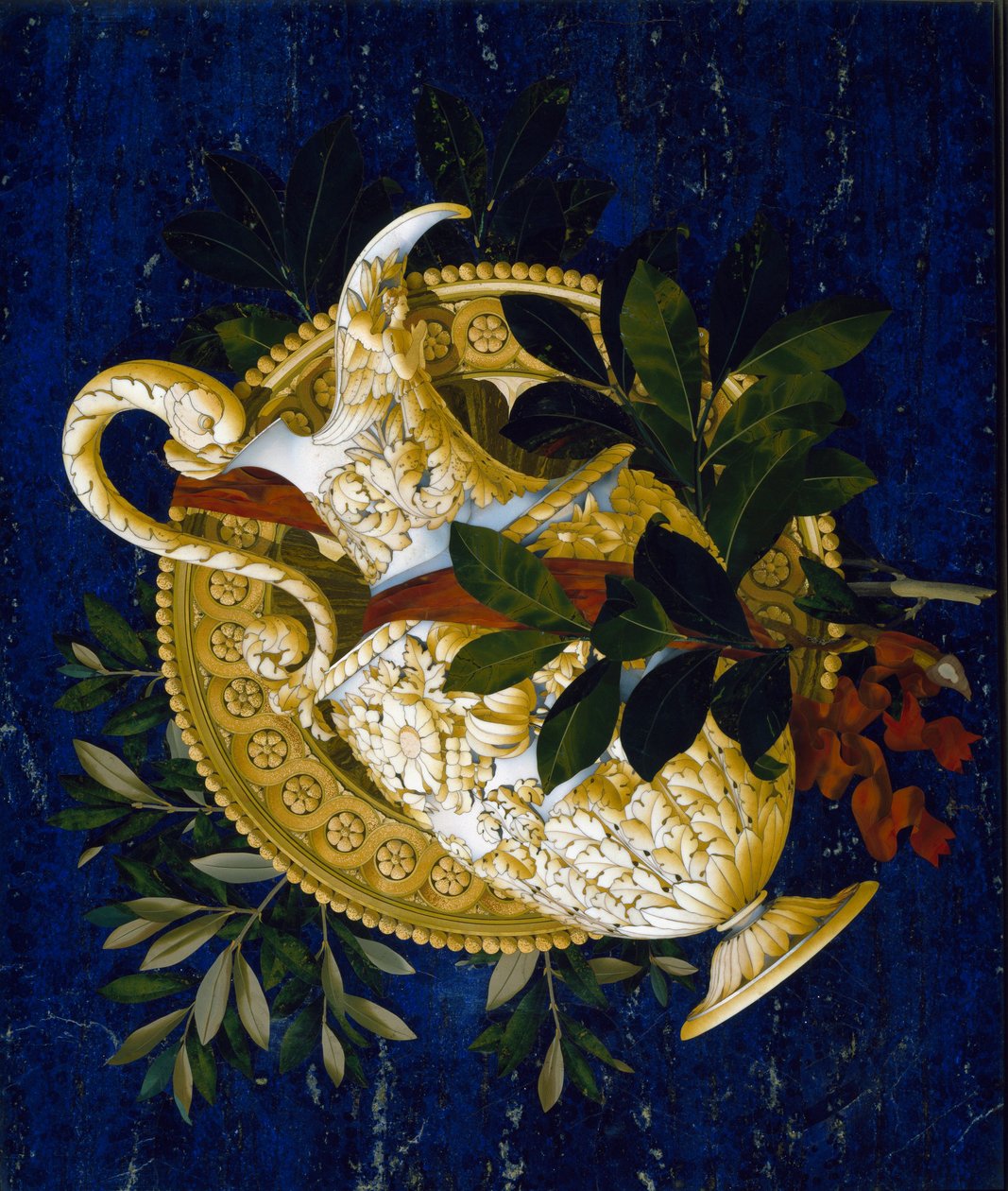 Mugge og blader. (Marquetry av innlagt marmor av Italian School