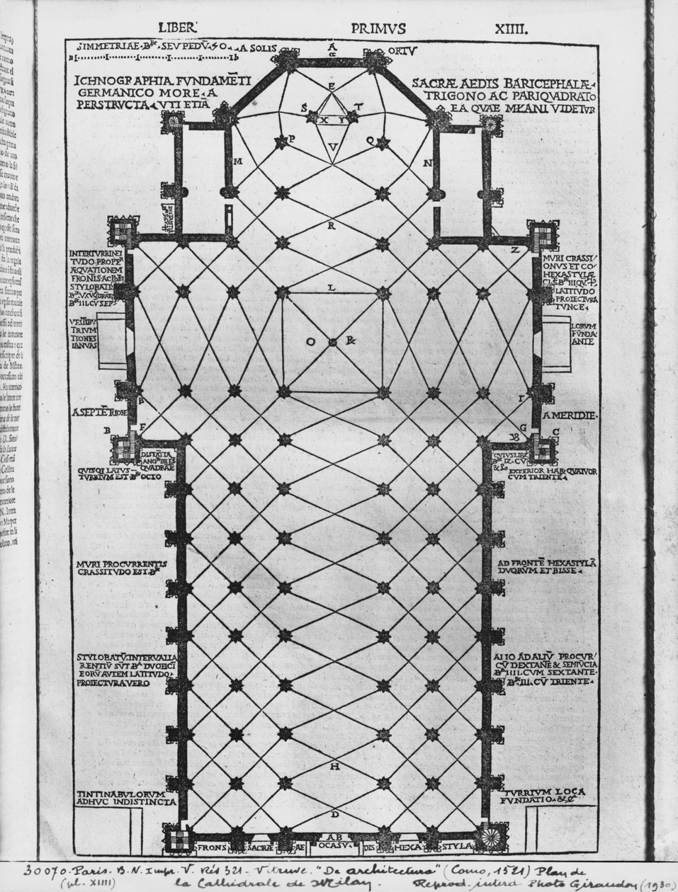 Plan over katedralen i Milano, illustrasjon fra De Architectura av Vitruvius, Como, 1521 av Italian School