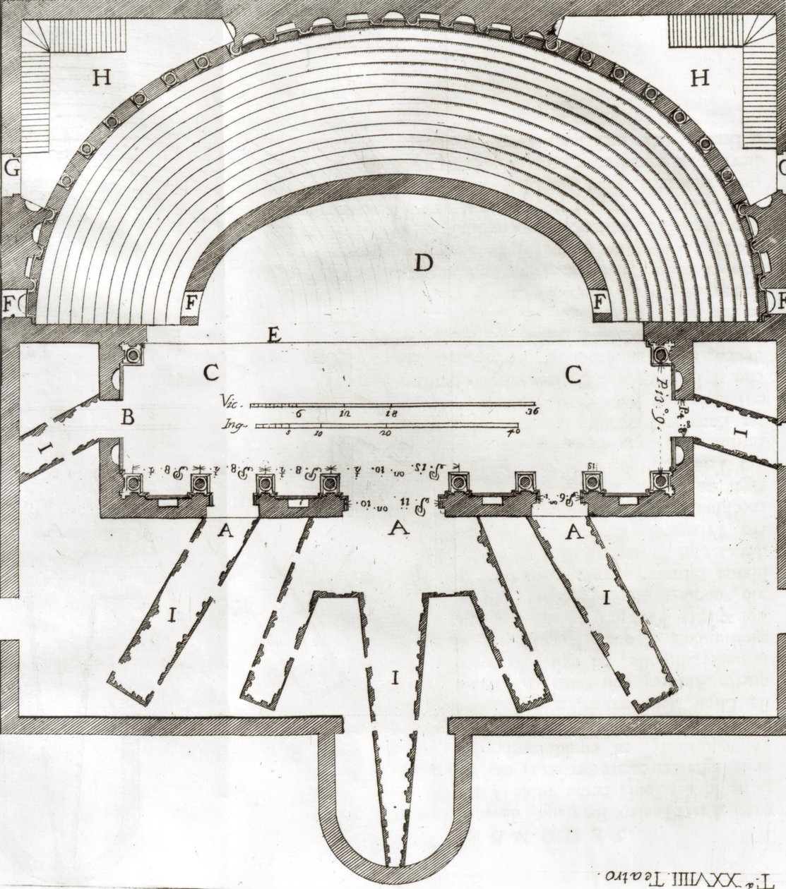 Plan for det olympiske teateret, Vicenza, designet av Andrea Palladio (1508-80) bygget i 1580-85 av Italian School