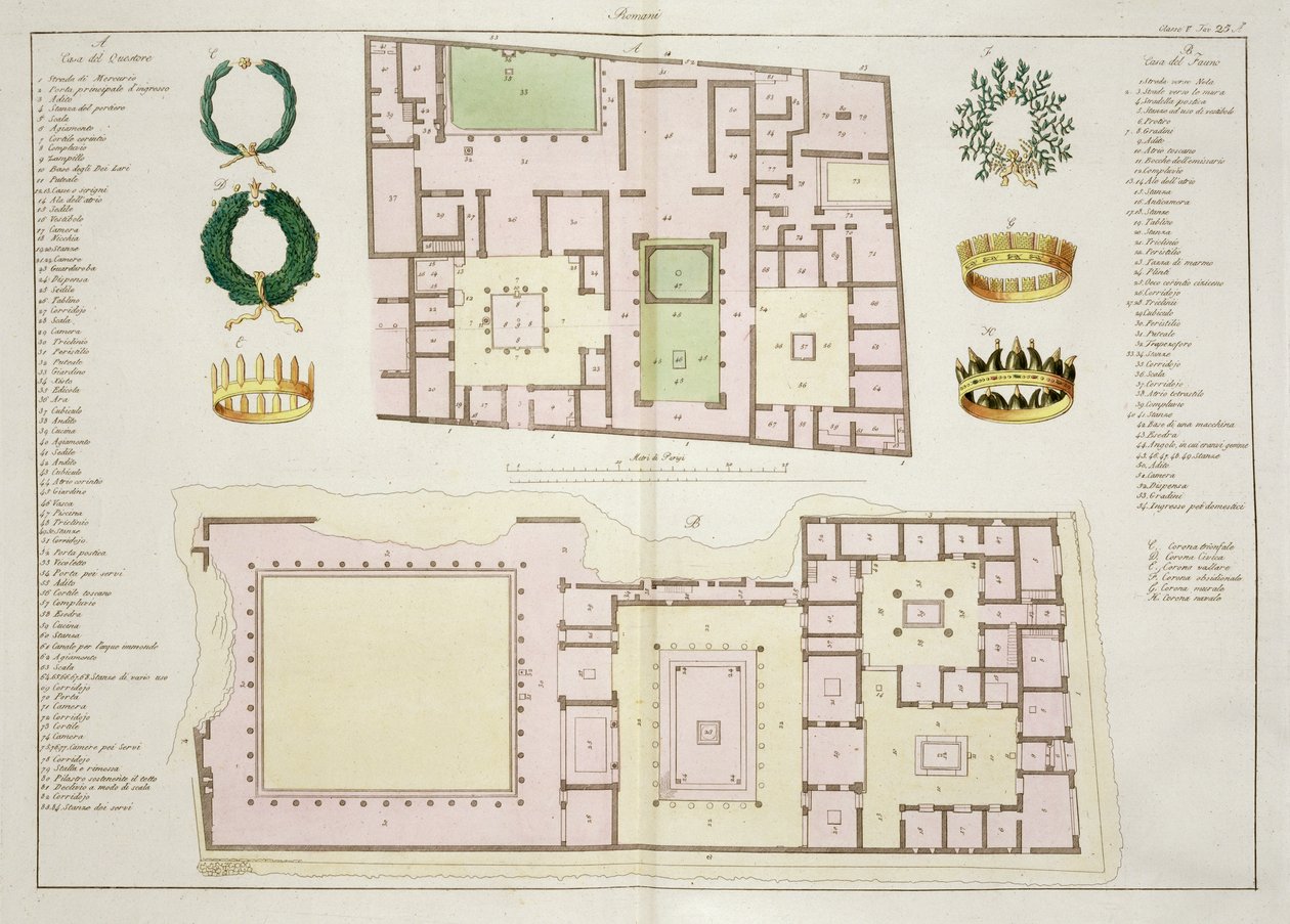 Planer for House of the Questor og House of the Faun, Pompeii, plate 25A, klasse 5 fra del I av The History of the Nations (akvatint) av Italian School