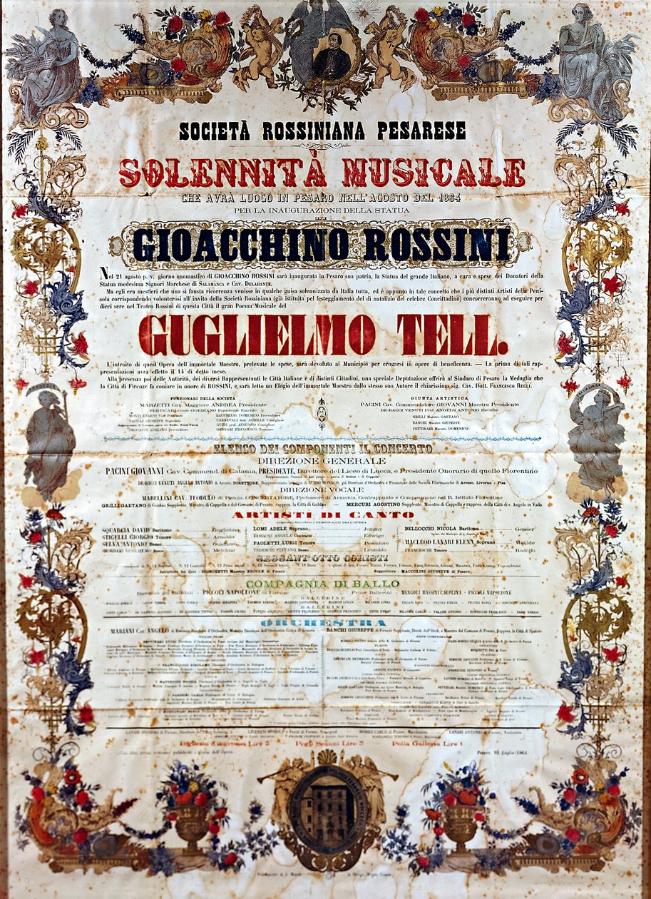 Playbill for Guillaume Tell, operaen av Gioachino Rossini, ca. 1864 (farge litho) av Italian School