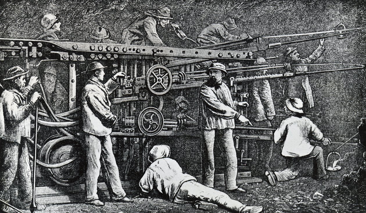 Pneumatisk steinboremaskin laget av Giovanni Battista Piatti og perfeksjonert av Germano Sommeiller (1815-1871), gravering av Italia av Italian School