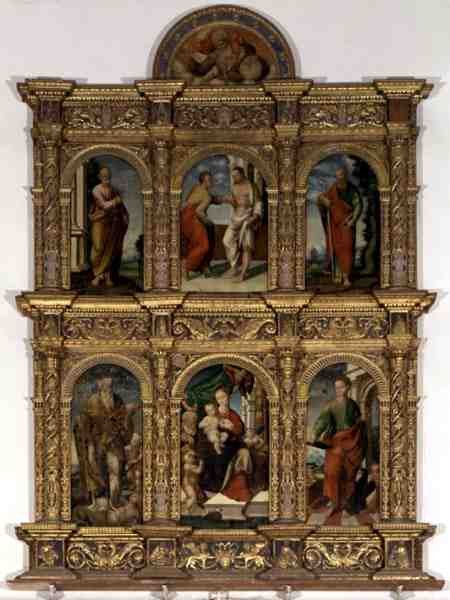 Polyptyk som viser Madonnaen og barnet med helgener (olje på panel) av Italian School