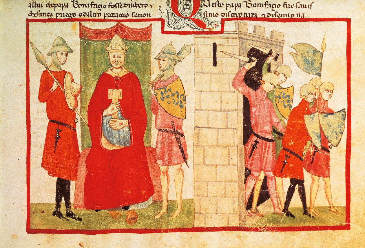 Pave Boniface VIII i Anagni og utvisningen av Sciarra Colonna (Giacomo Colonna) fra byen, miniatyr fra Giovanni Villanis krønike, manuskript Chigi L VIII 296 folio 176 recto, Italia 1300-tallet. av Italian School