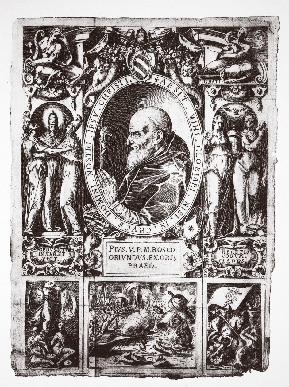 Pave Pius V, med vignetter fra slaget ved Lepanto, fra Vita del Gloriosissimo Papa Pio Quinto, pub. 1586 av Italian School