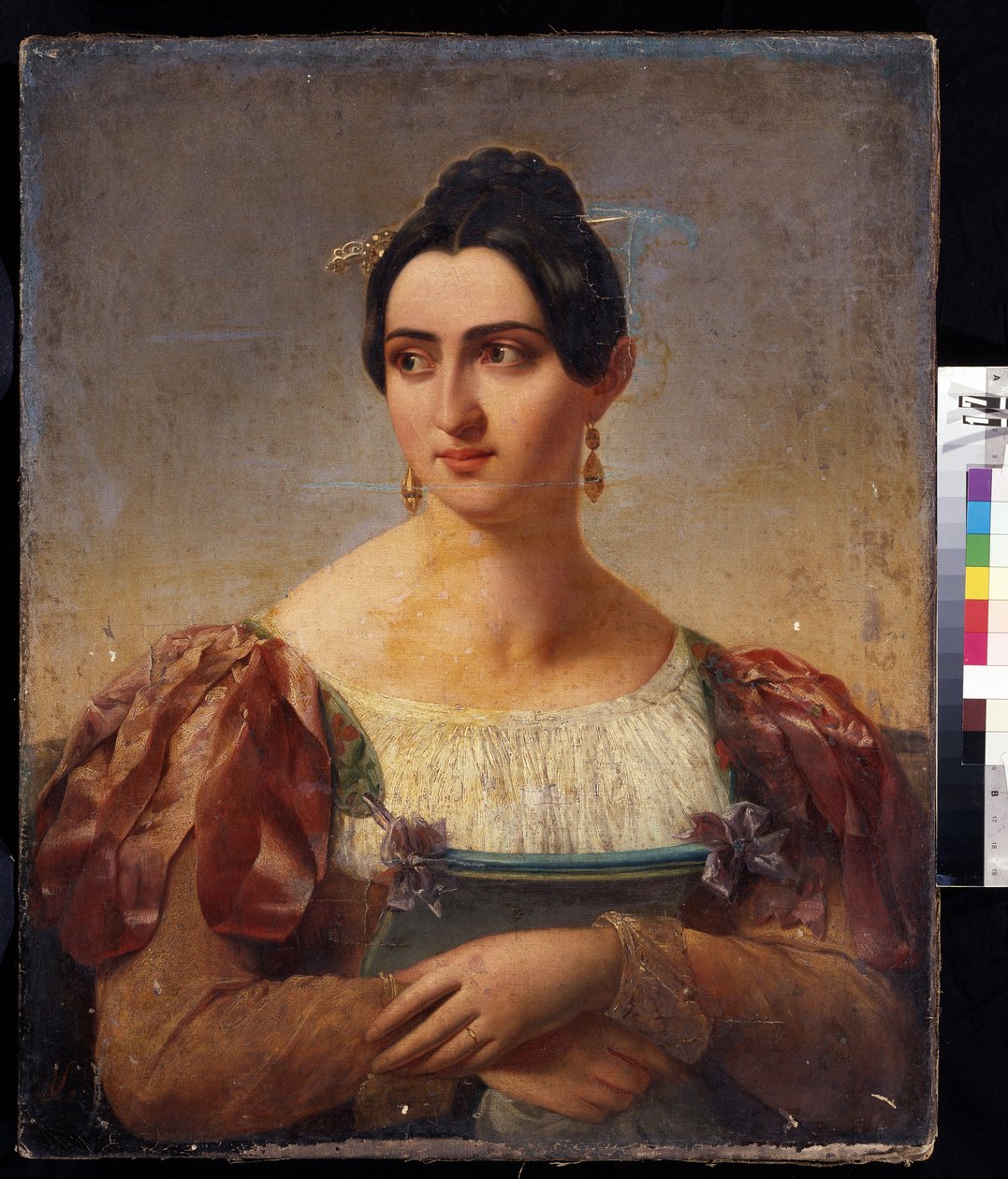 ""Portrett av en kvinne"" (Kvinneportrett) Ung kvinne fra den italienske adelen, kledd i en kjole med bånd på skuldrene. Maleri av den italienske skolen fra begynnelsen av 1800-tallet. Pushkin-museet, Moskva av Italian School