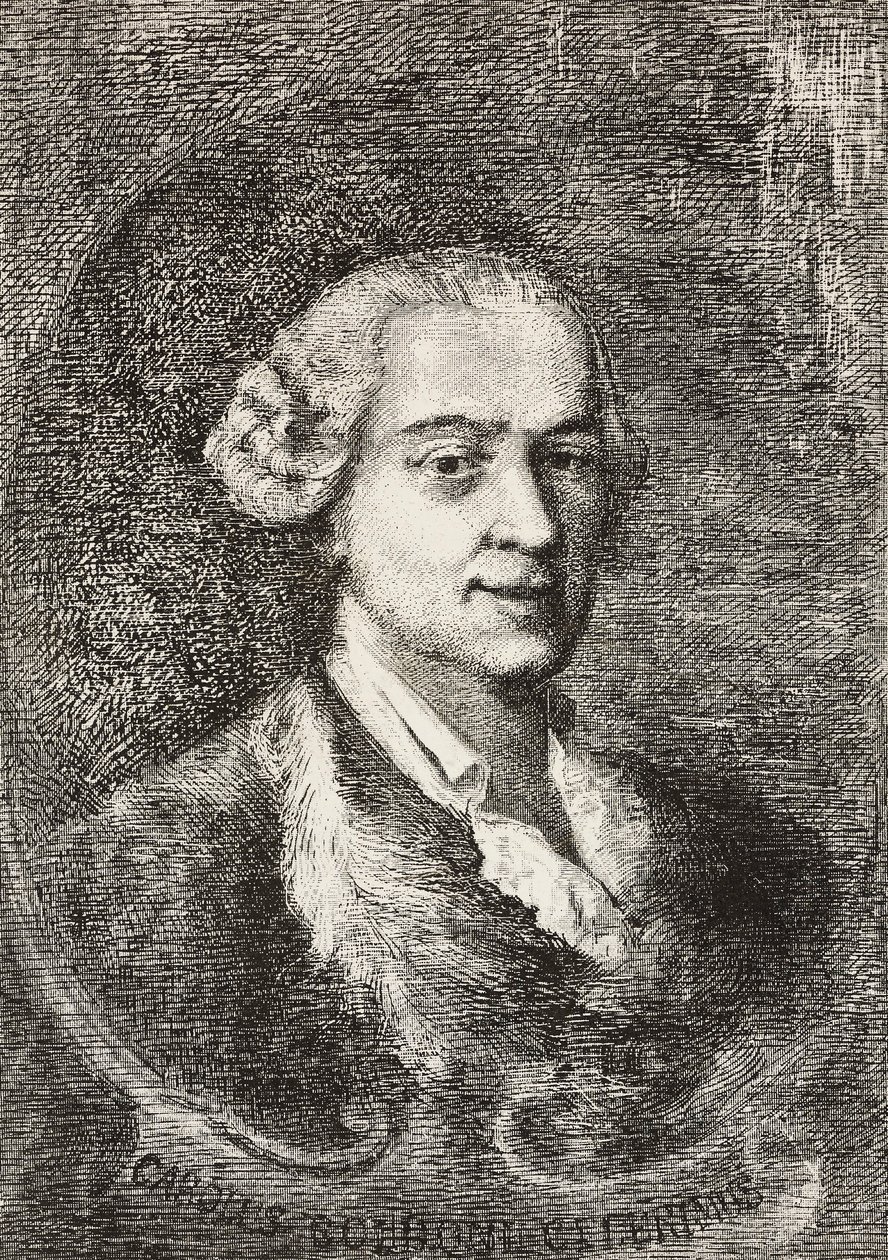 Portrett av Carlo Goldoni (1707-1793), italiensk dramatiker, gravering av Marco Pitteri fra maleri av Giambattista Piazzetta og tegning av E Ximenes, gravering fra L'Illustration Italiana, nr. 20, 18. mai av Italian School