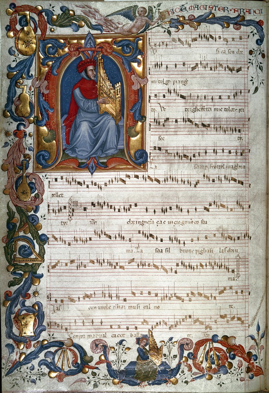 Portrett av Francesco Landino og et partitur, illustrasjon fra "The Squarcialupi Codex", ca. 1325-35 av Italian School