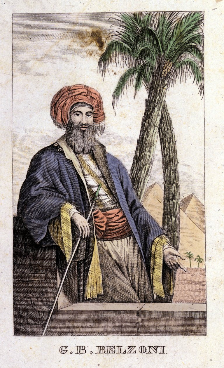 Portrett av Giovanni Battista (Gianbattista) Belzoni (1778-1823), italiensk oppdagelsesreisende og arkeolog, som gjorde viktige arkeologiske funn i Egypt. Gravering - i "" Reisen til Egypt og Nubia "" av Belzoni, Milano av Italian School