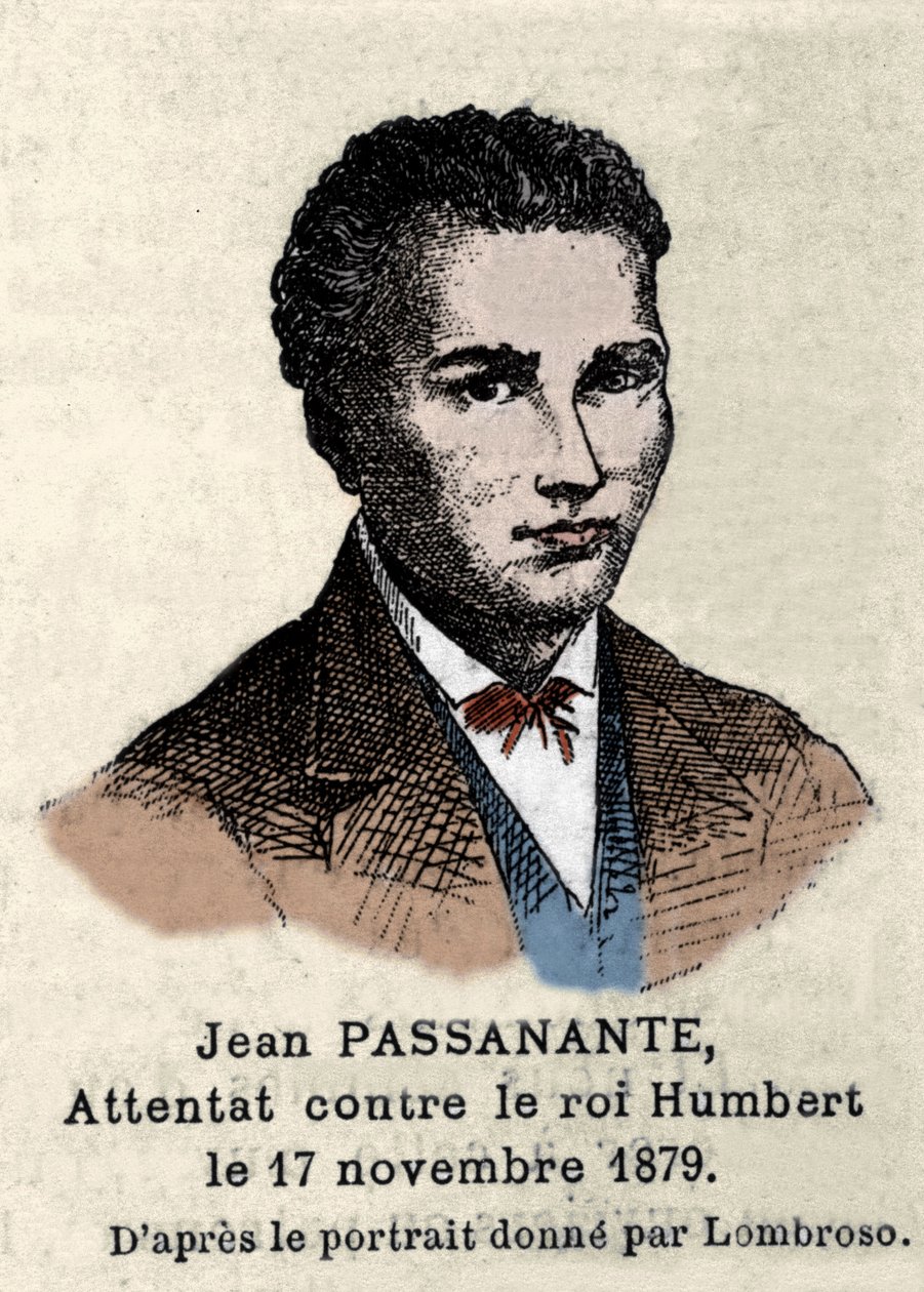 Portrett av Giovanni Passannante (1849-1910) som utførte angrepet på den italienske kongen Umberto I (Humbert I) i Napoli i 1878 etter portrettet tegnet av Cesare Lombroso (1835-1909). Denne begivenheten inspirerte poeten Giovanni Pascoli (1855-1912) i en av Italian School