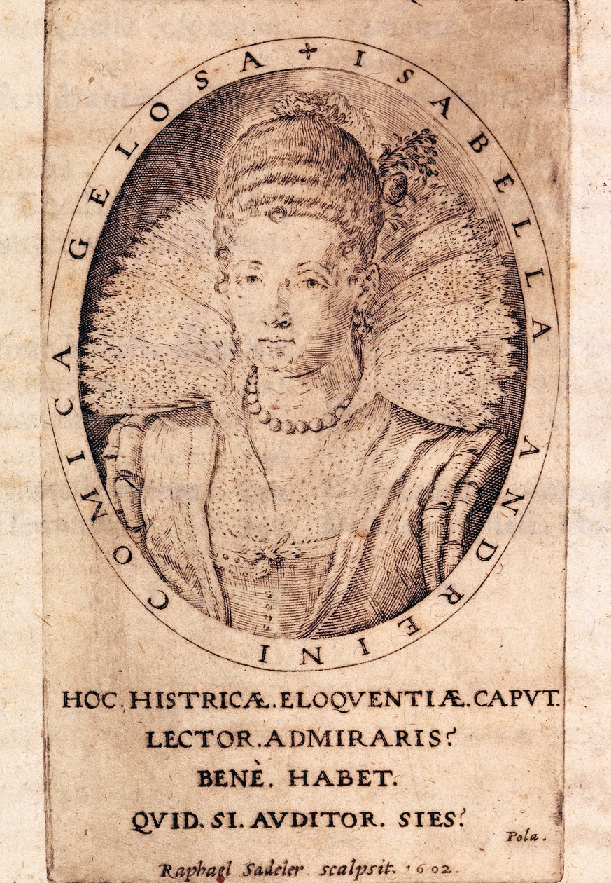 Portrett av den italienske skuespillerinnen Andreina Isabella Canali (1562-1604), tittelside på brevene hennes av Italian School