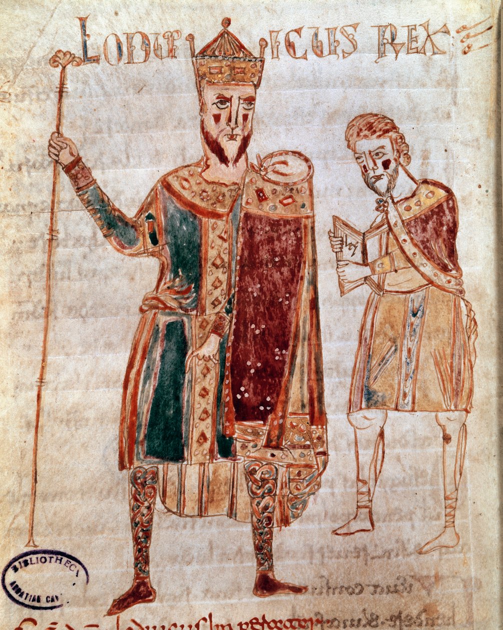 Portrett av Ludvig I den fromme (778-840), konge av Frankrike Manuskriptside (ms. 4) "Codex Legum Longobardorum" (eller Langobardorum) som beskriver lovene i det langobardiske riket etablert av kong Rothari av Italian School