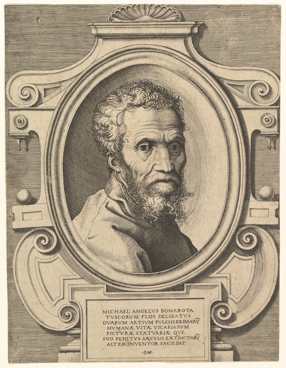 Portrett av Michelangelo, pub. C. 1564 (gravering) av Italian School