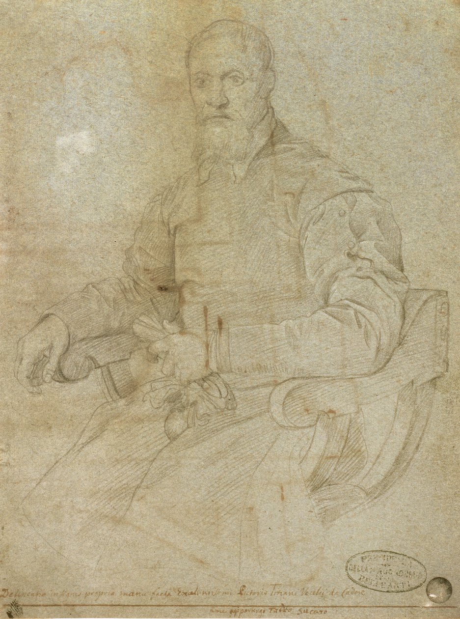 Portrett av Titian (Tiziano Vecellio) (ca. 1485-1576) romersk skole (kull på papir) av Italian School