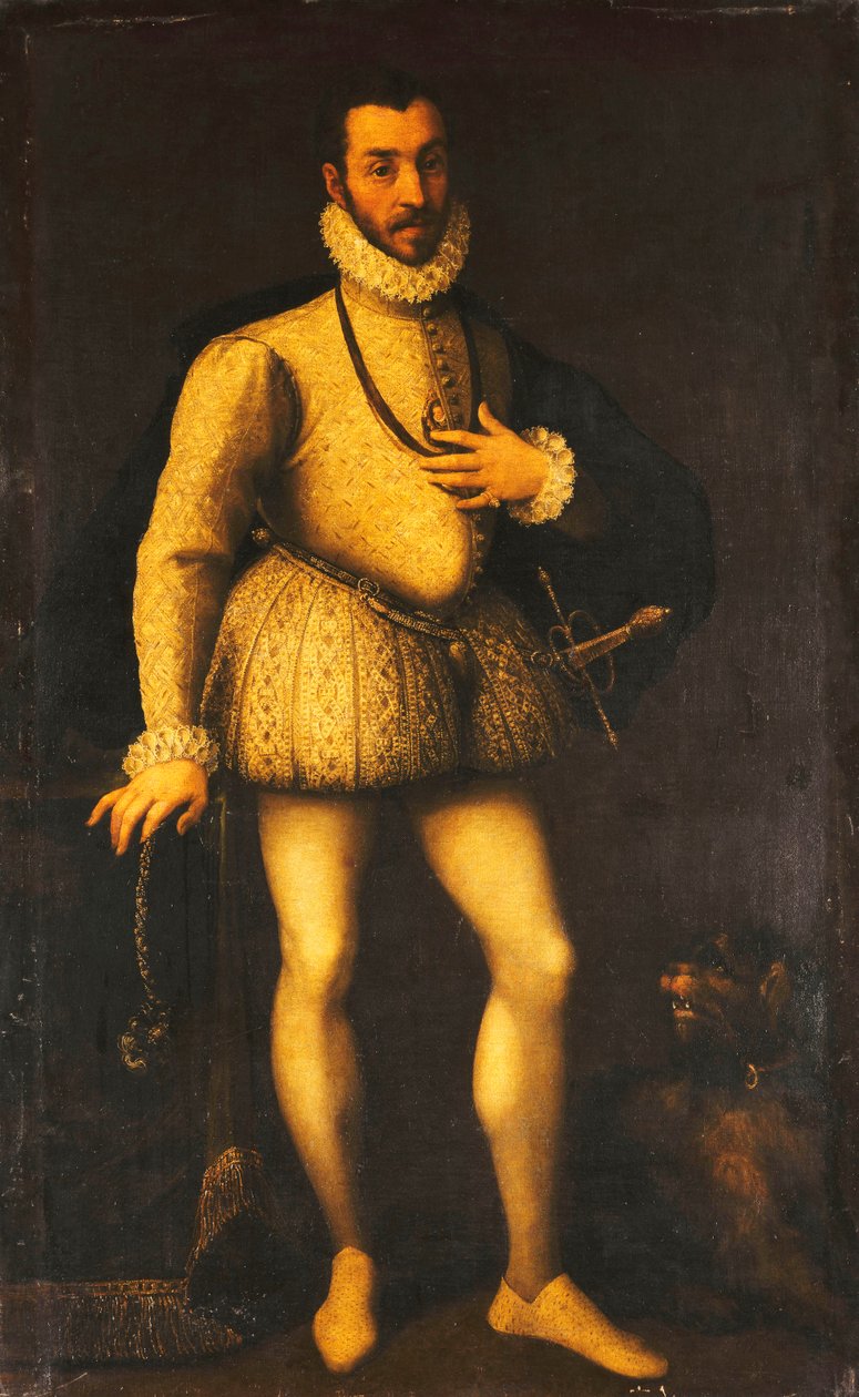 Portrett av en gentleman, i full lengde, iført en brodert hvit jerkin, en kappe og et sverd, ca. 1580 av Italian School