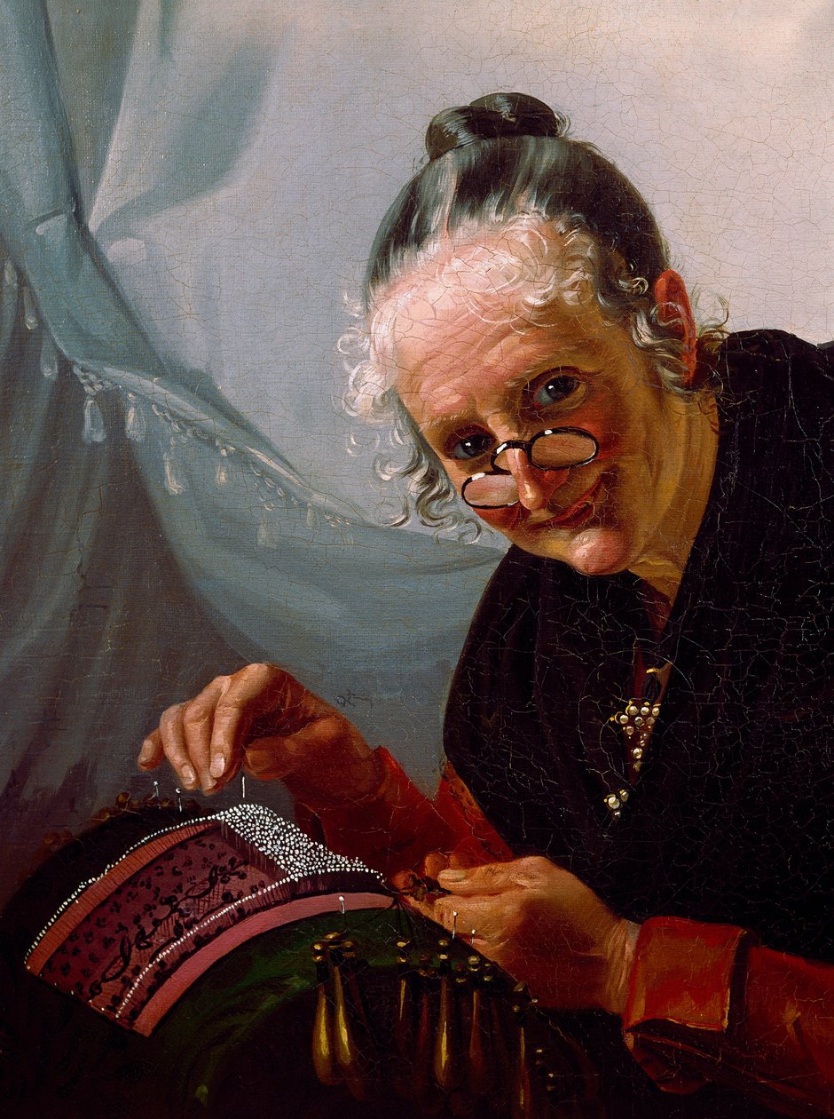 Portrett av blonder En gammel kvinne smiler med et par lorgnoner foran arbeidet sitt. Maleri av den venetianske skolen. Venezia fra 1800-tallet, Correr-museet av Italian School