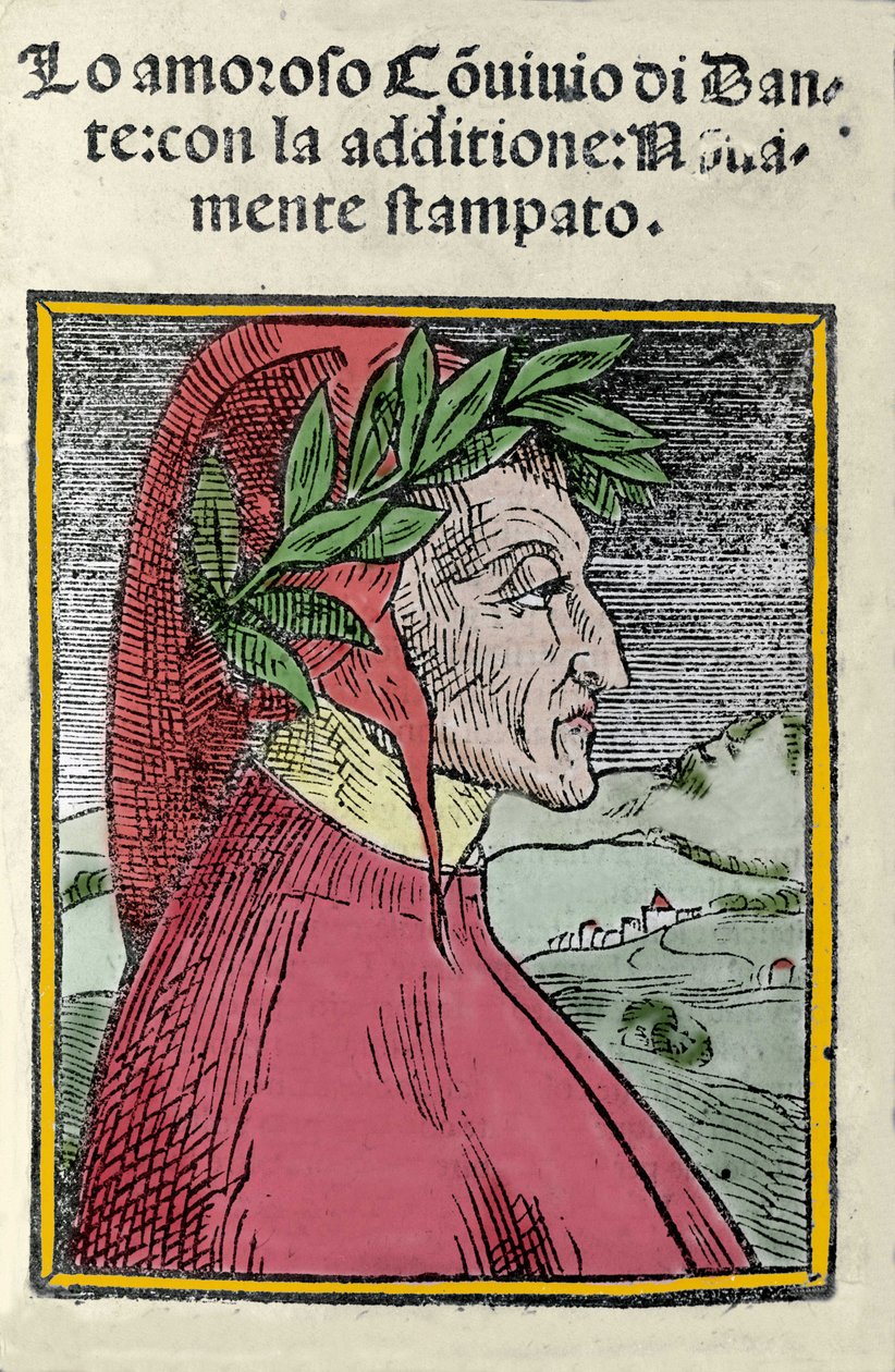 Portrett av den italienske poeten Dante Alighieri (1265-1321). Gravering. Frontispice til "" Il convivio "" fra 1554 av Italian School