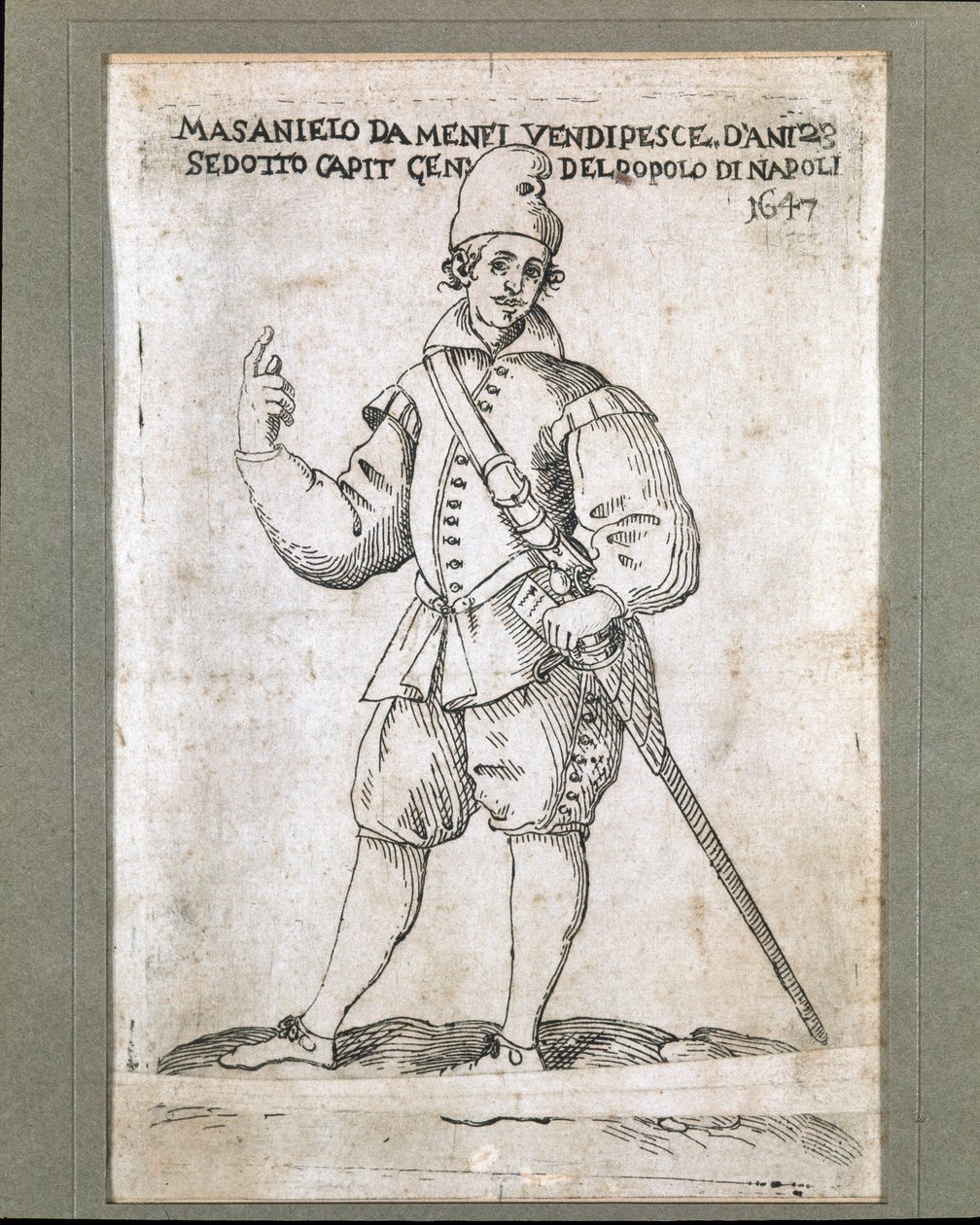 Portrett av den napolitanske fiskeren og revolusjonære Masaniello (1623-1647) (Portrett av Masaniello, napolitansk fisker og leder av opprøret mot Habsburg-styret i Napoli i 1647) Gravering av Museo Nazionale di San Martino Napoli fra 1600-tallet av Italian School