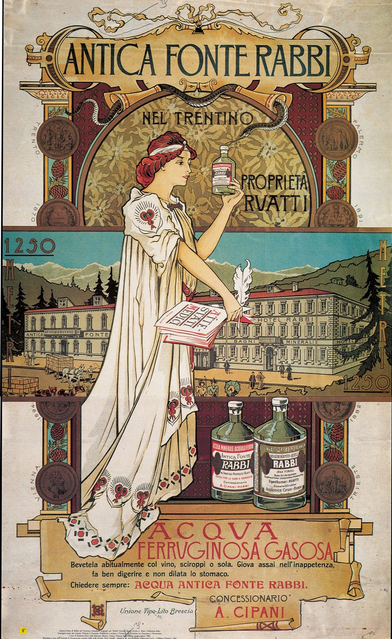 Plakat som reklamerer for medisinsk vann fra Antica Fonte di Rabbi i Trentino av Italian School