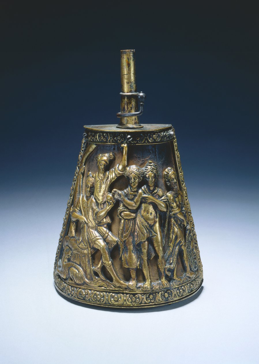 Pulverkolbe, ca. 1590 (forgylt messing over stoffdekket tre) av Italian School